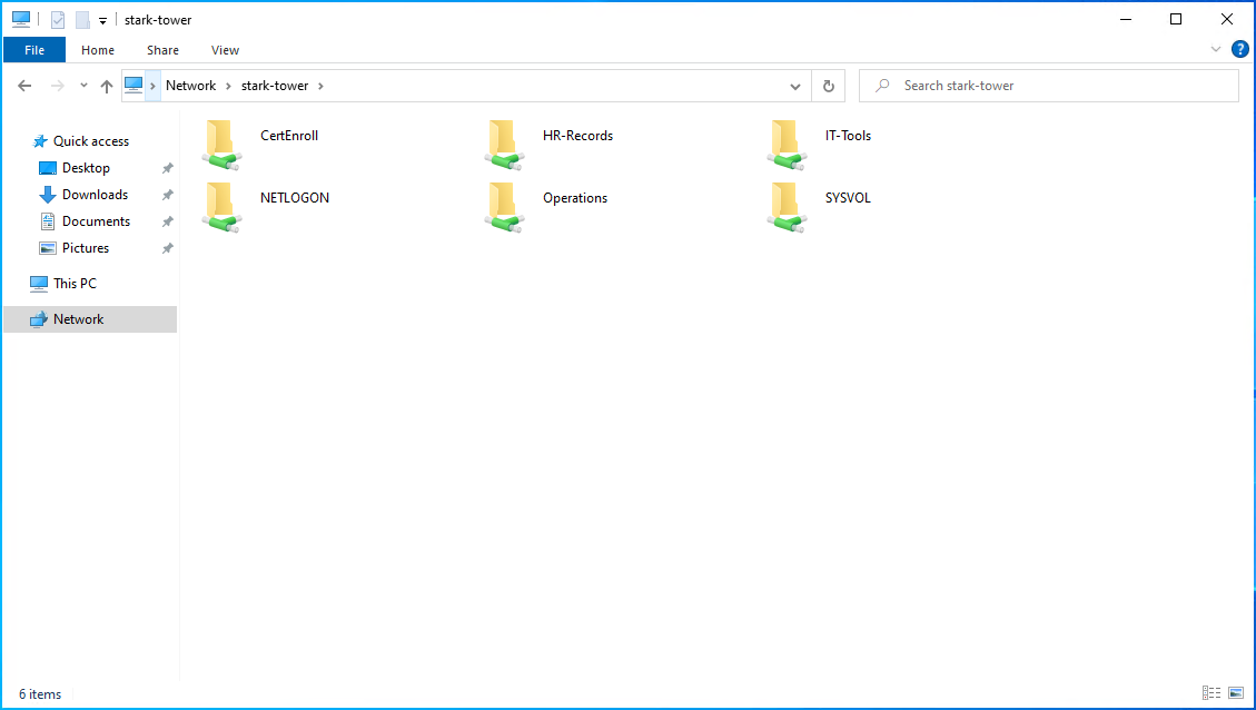 File Explorer on VOUGHT machine showing STARK-TOWER shares visible in the Network section